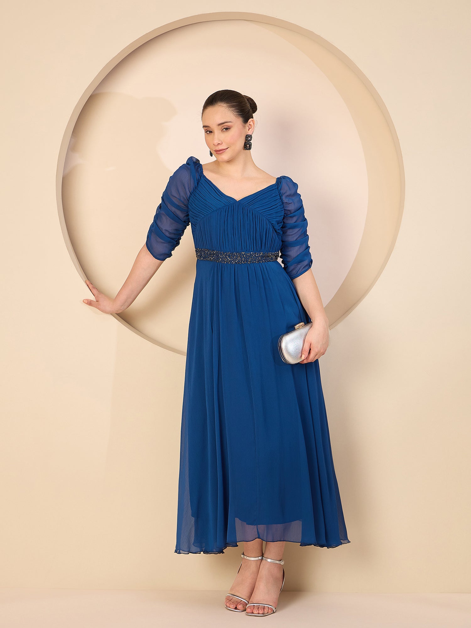 embellished neck chiffon dress Jewel Embellished Bodice Illusion Deep V-Neck Chiffon Long Dress 2XL / Navy